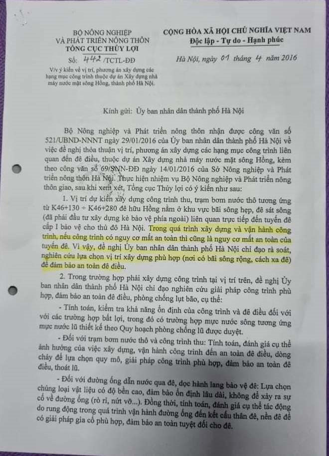Văn bản ý kiến về vị trí xây dựng Dự án Nhà máy thu, trạm xử lý nước thô của Tổng Cục Thủy lợi