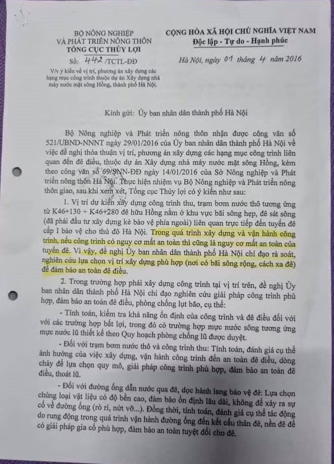 Văn bản ý kiến về vị trí xây dựng Dự án Nhà máy thu, trạm xử lý nước thô của Tổng Cục Thủy lợi