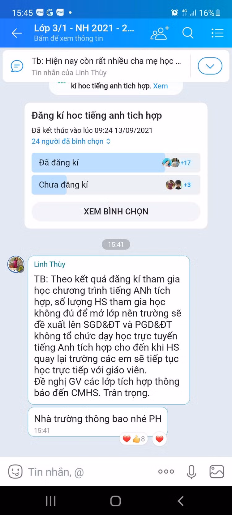 Tin nhắn thông báo tạm dừng lớp Tiếng Anh Tích hợp của một trường ở Tân Phú.