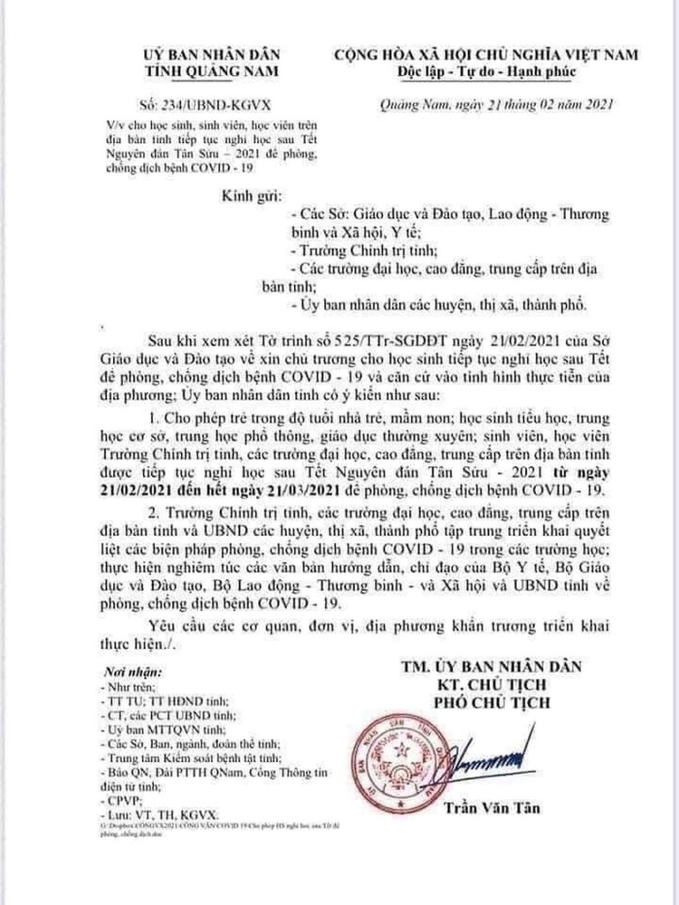 Quảng Nam: Xuất hiện văn bản giả cho học sinh nghỉ học đến ngày 21/3/2021 - 1