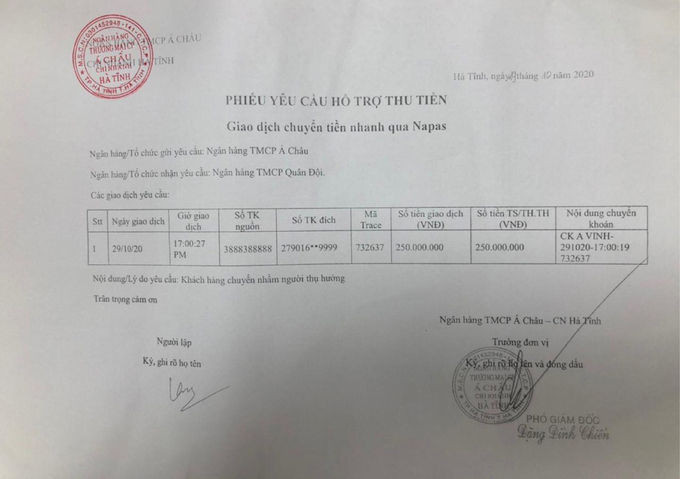 Phiếu yêu cầu ngân hàng hỗ trợ thu tiền.