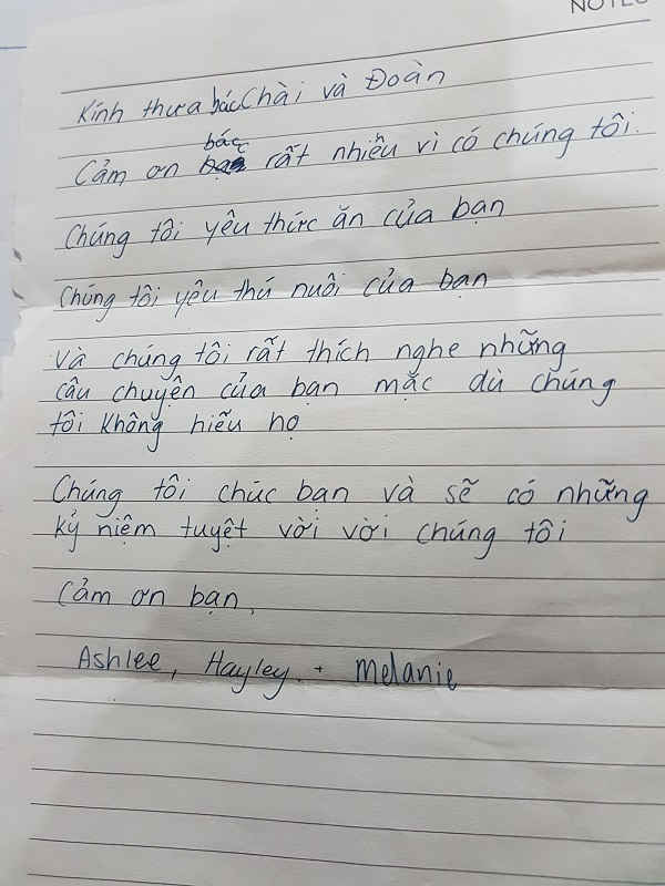 Lá thư tình cảm của ba du khách Hàn Quốc gửi ông bà Chài