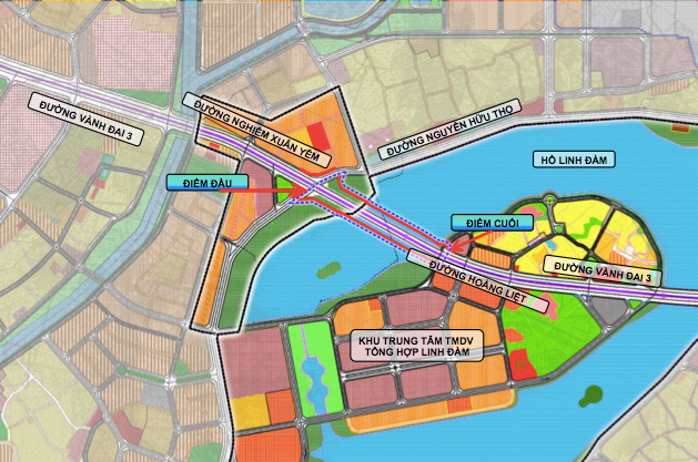 Phạm vi nghiên cứu dự án hai cầu đi thấp qua hồ Linh Đàm. Ảnh ban quản lý dự án cung cấp.
