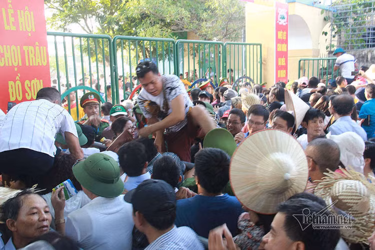 Sân Đồ Sơn quá tải, người dân trèo tường vào khán đài xem chọi trâu