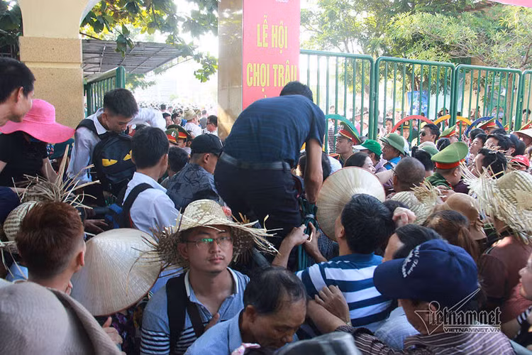 Sân Đồ Sơn quá tải, người dân trèo tường vào khán đài xem chọi trâu