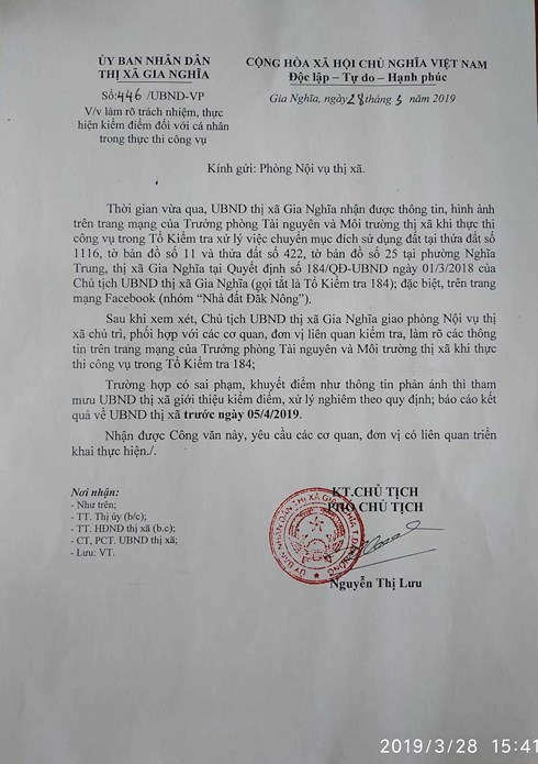 UBND thị xã Gia Nghĩa giao phòng Nội vụ tổ chức kiểm điểm đối với bà Hệ