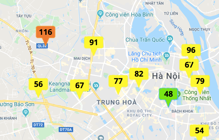 Kết quả quan trắc chất lượng không khí của Cổng thông tin quan trắc môi trường Hà Nội lúc 12h ngày 25/12.