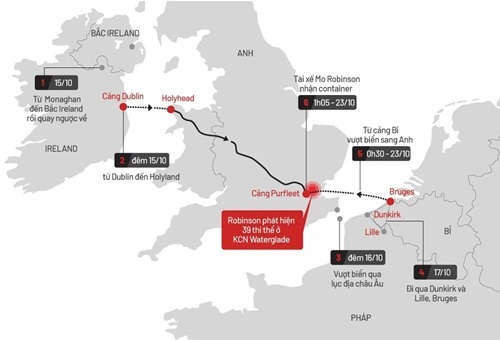 Hành trình của container chở 39 thi thể trước khi được phát hiện (bấm vào ảnh để xem đầy đủ). Đồ họa: Tiến Thành.