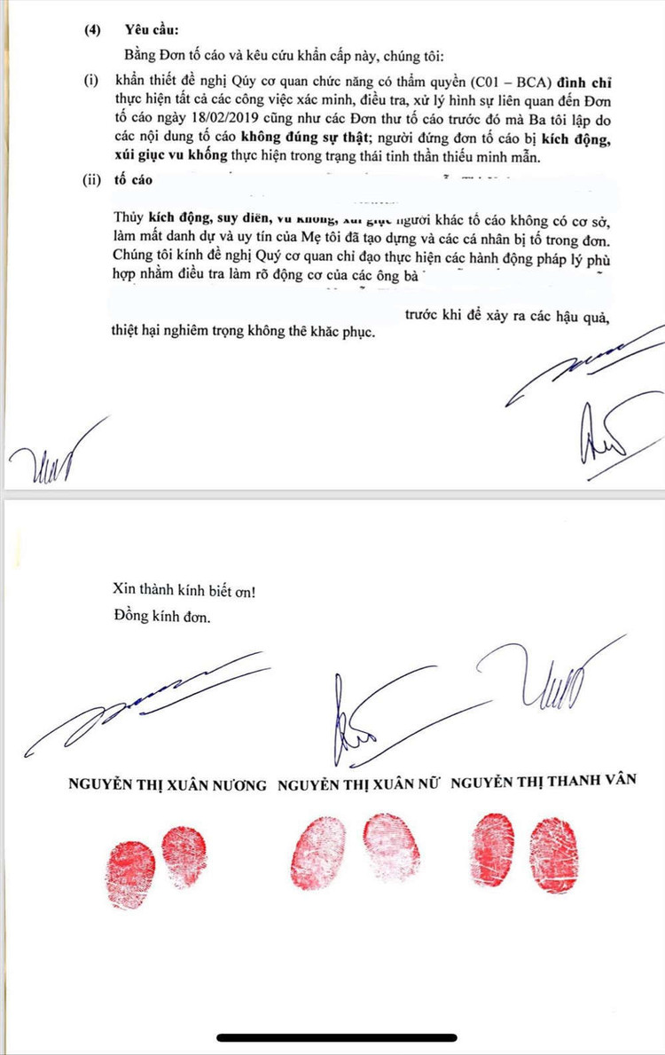 Đơn tố của 3 con gái ông Chấn (ảnh NS)