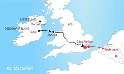 Tuyến đường xe container chở 39 người vào Anh (bấm vào hình để xem chi tiết). Đồ họa: Tiến Thành.