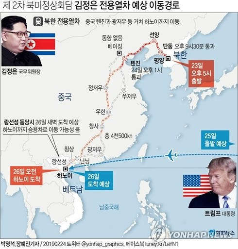 Tuyến đường của ông Kim và ông Trump tới Hà Nội. Nguồn: Yonhap
