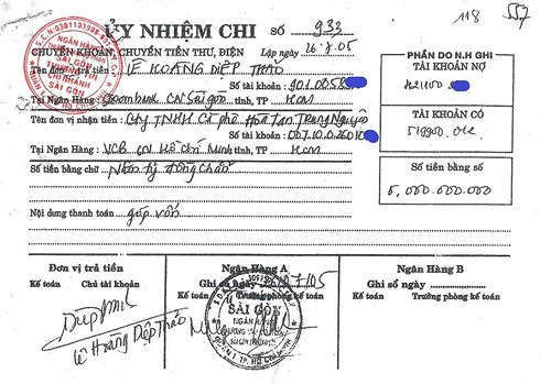 Ủy nhiệm chi góp vốn cho Công ty TNHH Hòa tan Trung Nguyên năm 2005.