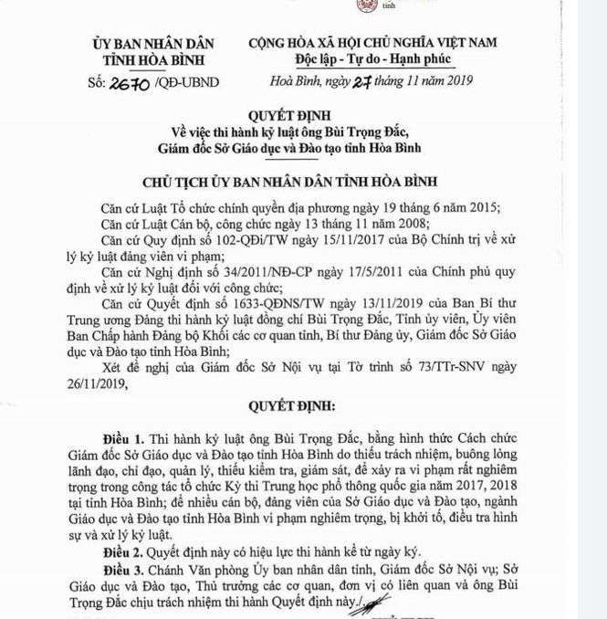 Cách chức Giám đốc Sở Giáo dục - Đào tạo Hòa Bình - ảnh 1