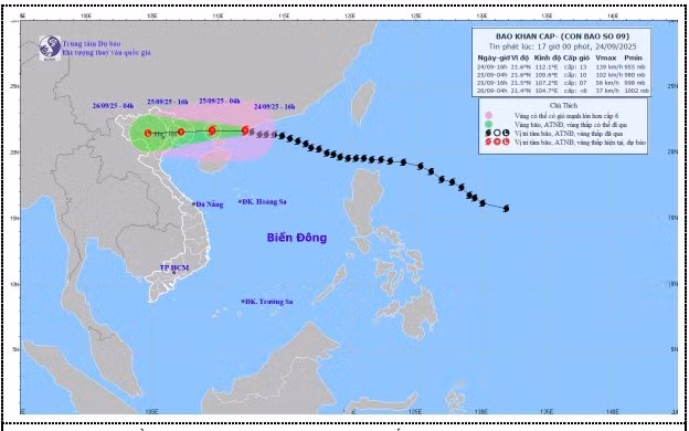 Bản đồ dự báo quỹ đạo và cường độ bão sô 9