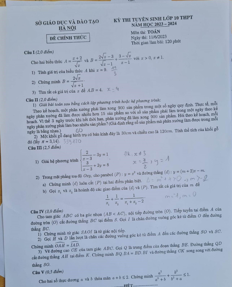 Dap an mon Toan lop 10 tai Ha Noi nam 2023