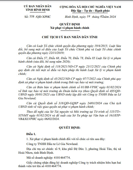 He lo ong chu cong ty Le Gia Newland vi pham moi truong