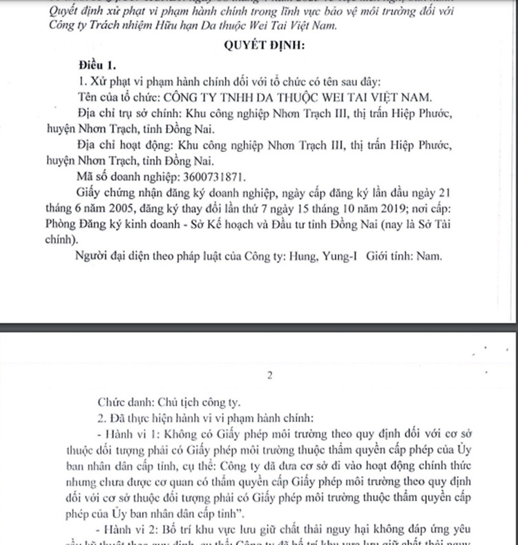 Ai dung sau Cong ty Wei Tai Viet Nam vi pham moi truong?