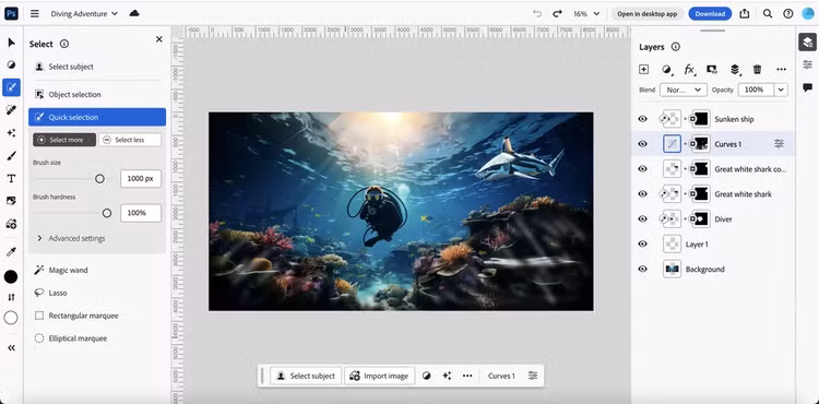 Giao diện của Photoshop phiên bản web.