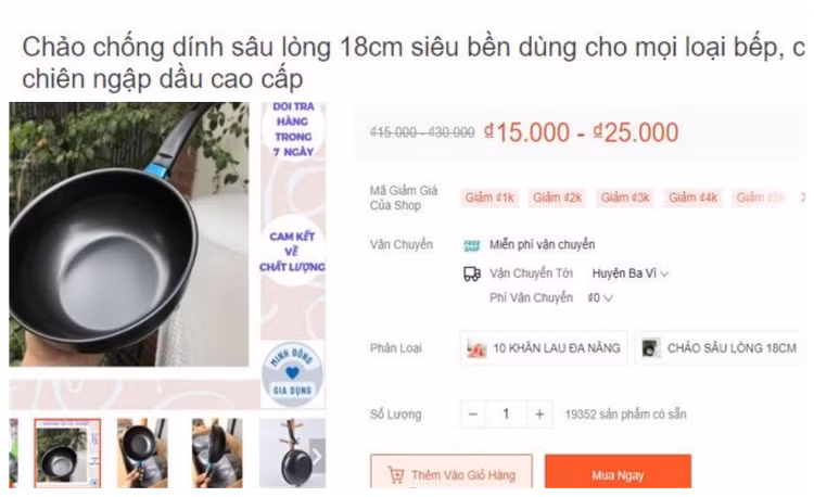 Chảo chống dính giá chỉ 25.000 đồng được bán trên các sàn thương mại điện tử.