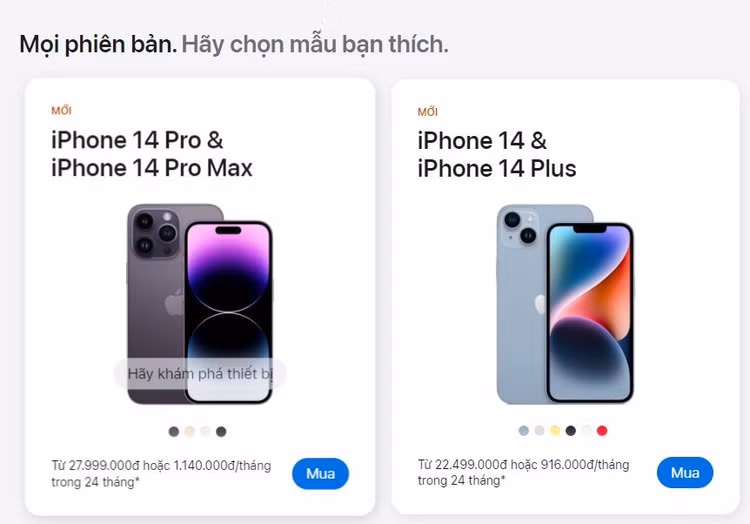 iPhone 14 series tại cửa hàng trực tuyến của Apple Việt Nam. Ảnh chụp màn hình. iPhone 14 series tại cửa hàng trực tuyến của Apple Việt Nam. Ảnh chụp màn hình.