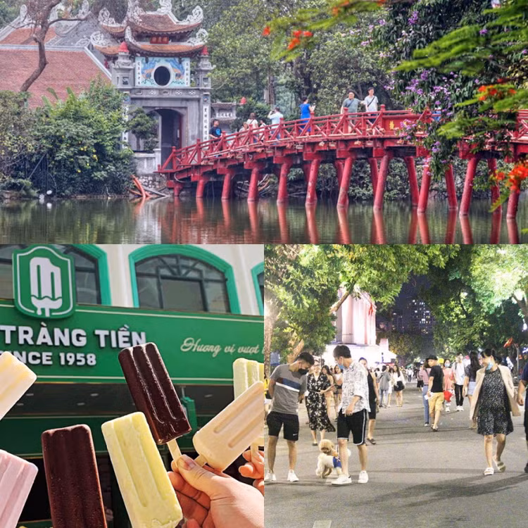Xung quanh khu vực Hồ Gươm có rất nhiều nơi để bạn có thể ghé qua chẳng hạn như Đền Ngọc Sơn ngay trên một hòn đảo nhỏ của Hồ Hoàn Kiếm, kem Tràng Tiền, kem Thủy Tạ, Tháp Rùa, Tháp Bút, cầu Thê Húc hay ngay gần đấy, bạn cũng có thể đi bộ ra Nguyễn Xí, Đinh Lễ để chọn cho mình một bộ sách thật hay. Ảnh: internet.