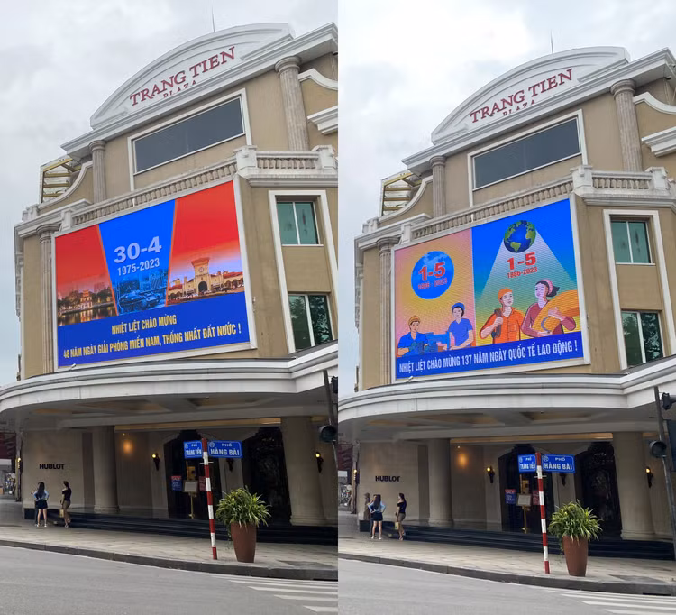 Những bức tranh cổ động khổ lớn được trang trí trên khu thương mại Tràng Tiền Plaza.