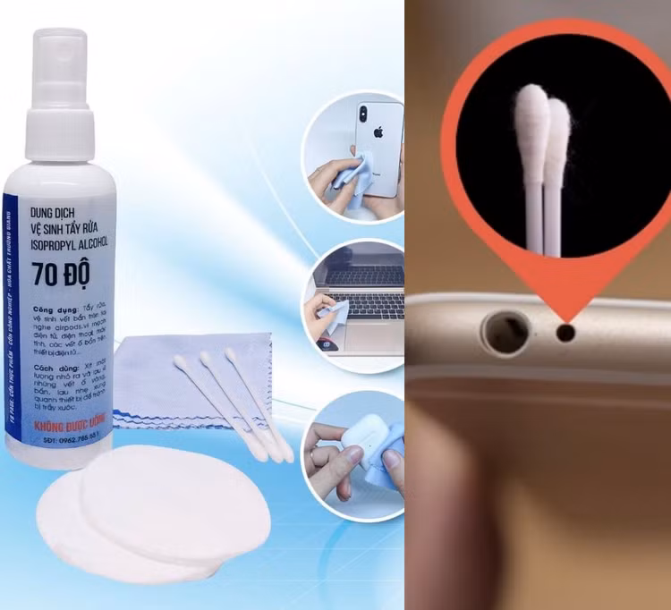 Vệ sinh jack cắm tai nghe iPhone bằng sản phẩm cồn vệ sinh chuyên nghiệp cùng với tăm bông.