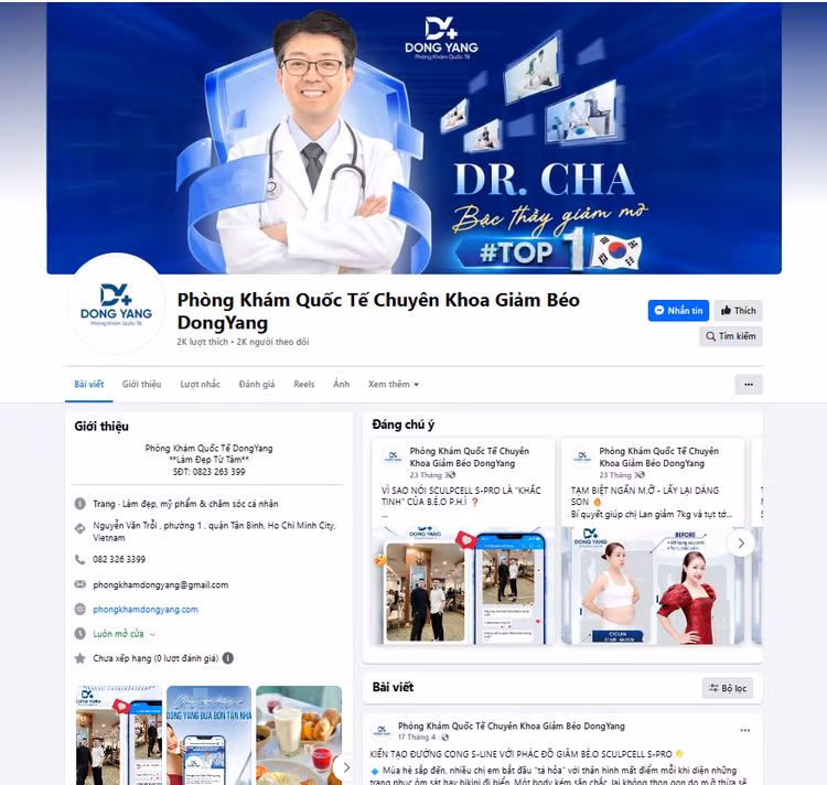 Tài khoản Facebook quảng cáo về Phòng khám quốc tế Dong Yang. Ảnh chụp màn hình. Tài khoản Facebook quảng cáo về Phòng khám quốc tế Dong Yang. Ảnh chụp màn hình.