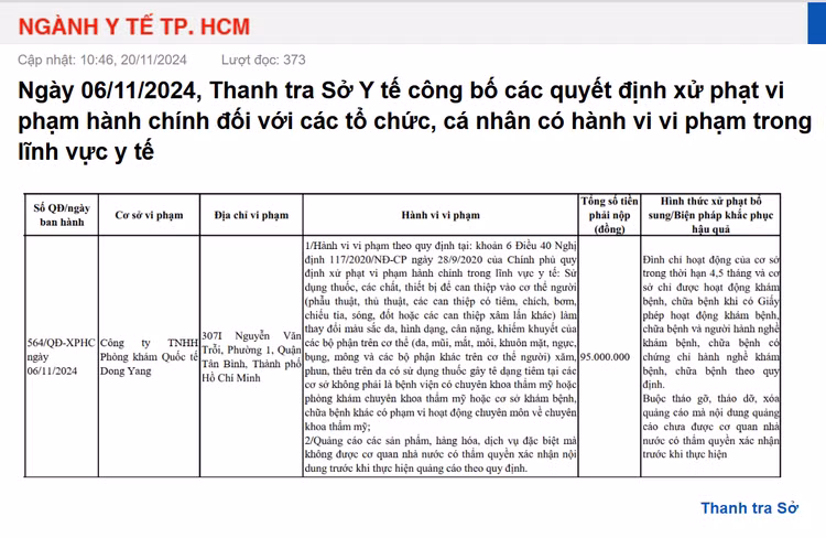 Thông tin xử phạt Công ty TNHH phòng khám quốc tế Dong Yang của Thanh tra Sở Y tế TP HCM - Ảnh chụp màn hình. Thông tin xử phạt Công ty TNHH phòng khám quốc tế Dong Yang của Thanh tra Sở Y tế TP HCM - Ảnh chụp màn hình.