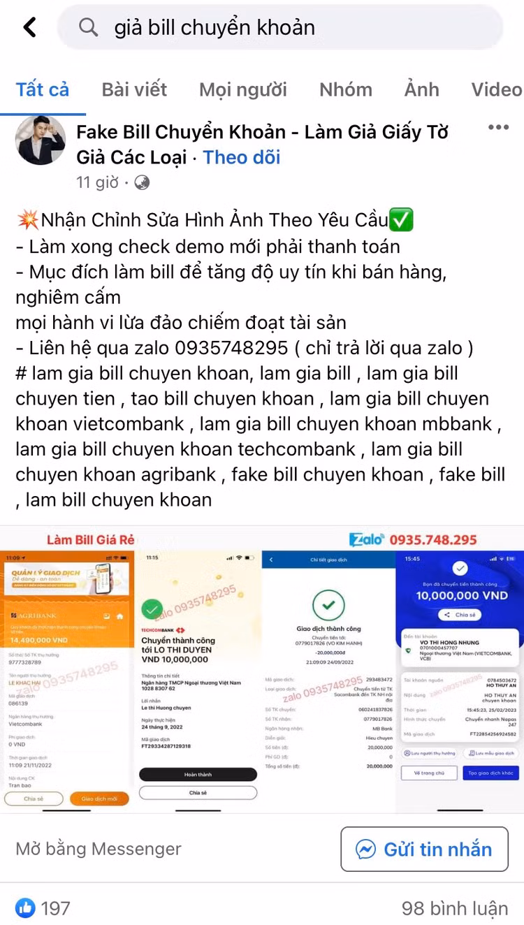 Mạng xã hội Facebook cũng xuất hiện hàng loạt hội nhóm chuyên mua bán và tạo hóa đơn chuyển tiền giả