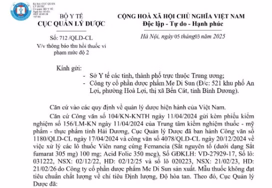 Một phần Công văn số 712/QLD-CL về việc thông báo thu hồi lô thuốc Viên nang cứng Femancia (sắt nguyên tố dưới dạng sắt fumarat 305 mg) vi phạm mức độ 2 - Ảnh chụp màn hình. Một phần Công văn số 712/QLD-CL về việc thông báo thu hồi lô thuốc Viên nang cứng Femancia (sắt nguyên tố dưới dạng sắt fumarat 305 mg) vi phạm mức độ 2 - Ảnh chụp màn hình.