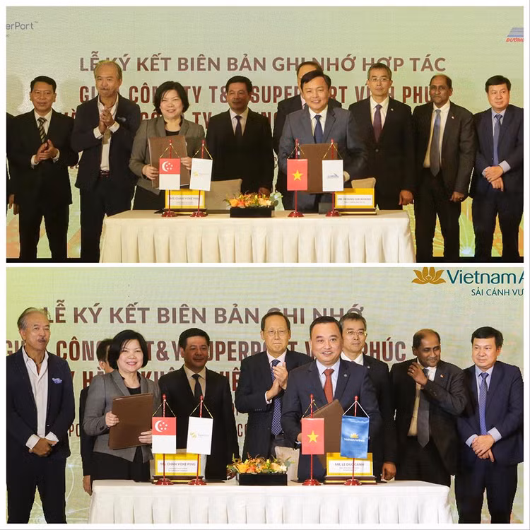 Đại diện lãnh đạo Công ty T&amp;Y SuperPort Vĩnh Phúc ký biên bản ghi nhớ hợp tác với Vietnam Airlines và Tổng Công ty đường sắt Việt Nam.