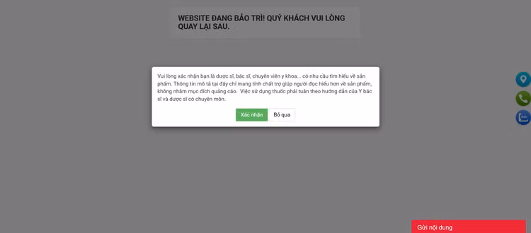 Lúc 14 giờ ngày 6/11, khi vào lại website https://nhathuocmychau.com, trang này thông báo: “Website đang bảo trì! Quý khách vui lòng quay lại sau” - Ảnh chụp màn hình.