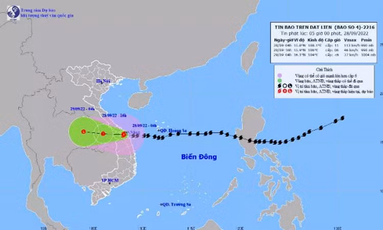 Vị trí và hướng di chuyển của bão số 4. (Nguồn: nchmf.gov.vn)