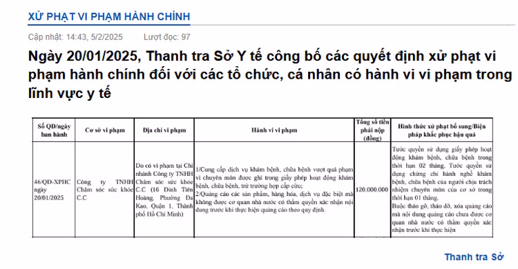 Thông tin xử phạt Phòng khám thẩm mỹ da CC Clinic của Thanh tra Sở Y tế TP HCM - Ảnh chụp màn hình Thông tin xử phạt Phòng khám thẩm mỹ da CC Clinic của Thanh tra Sở Y tế TP HCM - Ảnh chụp màn hình