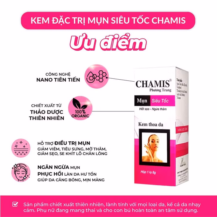 Sản phẩm kem thoa da Chamis được quảng cáo "trị mụn siêu tốc", gây hiểu nhầm có công dụng như thuốc.