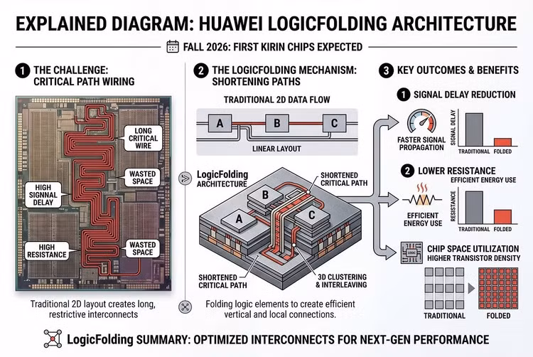Thay vì cách đóng gói chip dạng phẳng với số lượng lớn dây dẫn, Huawei để các lớp chip chồng lên nhau với nhiều dây dẫn kết nối qua từng lớp, giúp thu ngắn khoảng cách truyền tín hiệu