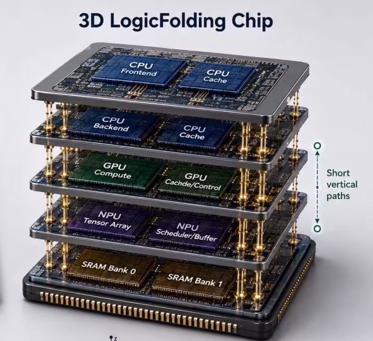 Hình vẽ mô phỏng chip Huawei dùng công nghệ đóng gói Logic Folding