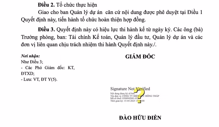 Một phần QĐ của giám đốc Công ty Điện lực Đồng Tháp phê duyệt cho Cty Số 1 Sài Gòn trúng thầu với giá 3,331 tỷ đồng. (nguồn MSC)