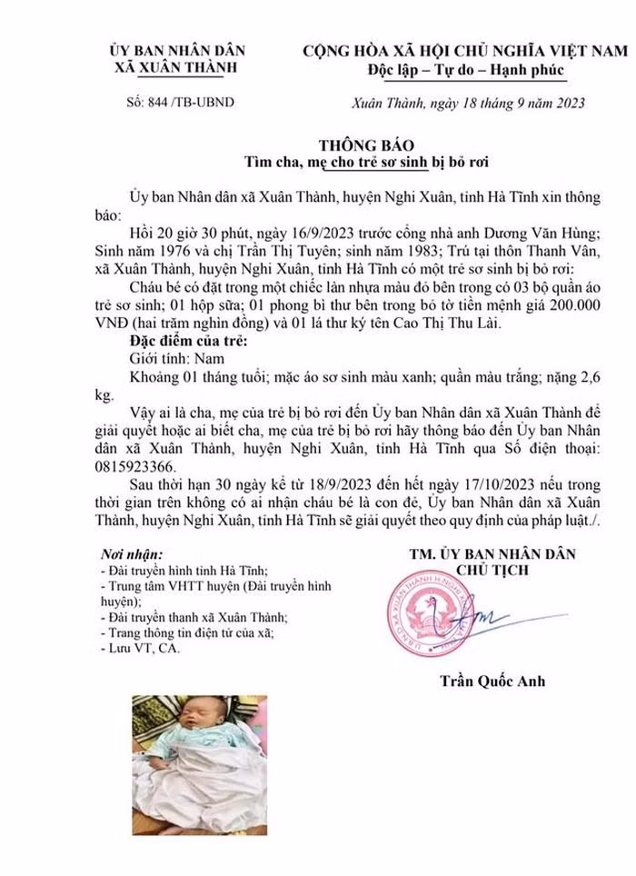 UBND xã Xuân Thành phát thông báo tìm kiếm cha, mẹ cho cháu bé.