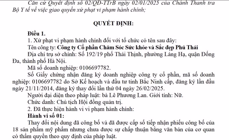 Công ty Chăm sóc sức khỏe và Sắc đẹp Phú Thái bị xử phạt Cong ty Cham soc suc khoe va Sac dep Phu Thai bi xu phat