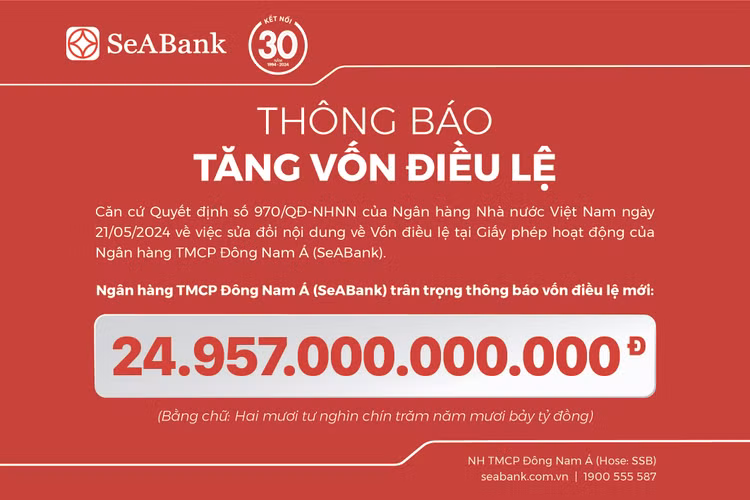 SeABank hoàn tất tăng vốn điều lệ lên 24.957 tỷ đồng SeABank hoan tat tang von dieu le len 24.957 ty dong