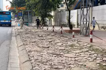 Lối đi bộ trên phố Phùng Hưng xuất hiện nhiều điểm gồ ghề, bong tróc kéo dài