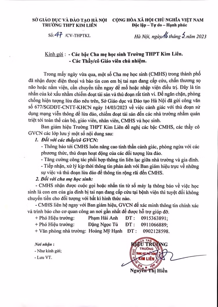 Thông báo của trường THPT Kim Liên về các cuộc gọi lừa đảo của phụ huynh trong trường Thông báo của trường THPT Kim Liên về các cuộc gọi lừa đảo của phụ huynh trong trường