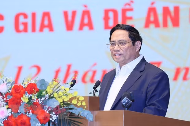 Thủ tướng Phạm Minh Chính phát biểu tại Hội nghị sơ kết về Chuyển đổi Số Quốc gia và Đề án 06 - Ảnh - Dương Giang- TTXVN