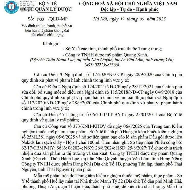 Quyết định thu hồi sản phẩm của Cục Quản lý Dược - Ảnh chụp màn hình