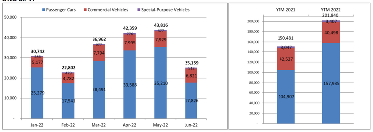 Biểu đồ thị trường ô tô Việt Nam từ đầu năm đến tháng 6/2022. Nguồn: VAMA