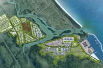 Phối cảnh tổng thể Khu công nghiệp Hòa Tâm và cảng biển nước sâu Bãi Gốc, thị xã Đông Hòa, tỉnh Phú Yên. 