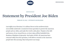 Tổng thống Joe Biden xác nhận đã tiêu diệt thủ lĩnh tối cao của IS ở Idlib