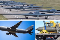 Máy bay ném bom tàng hình B-2 của Không quân Mỹ, được máy bay tiếp dầu KC-46 hỗ trợ trên không, mang theo bom xuyên phá hạng nặng GBU-57 (MOP) chuyên dùng để tấn công các mục tiêu kiên cố nằm sâu dưới lòng đất.